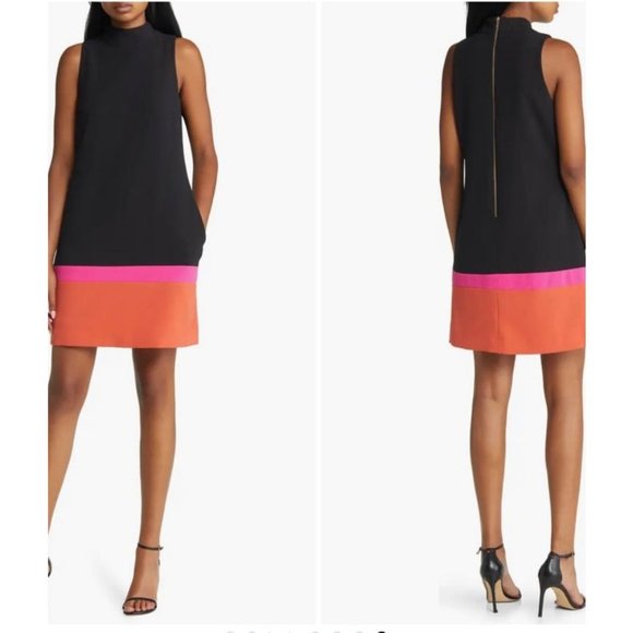 Tahari Sleeveless Mock Neck Color Block Crepe Shift Dress Size 16 - Picture 1 of 3